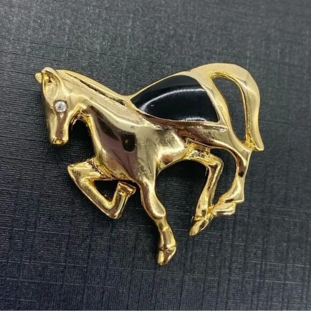 Vintage Gold Black Enamel Rhinestone Horse Brooch Pin
